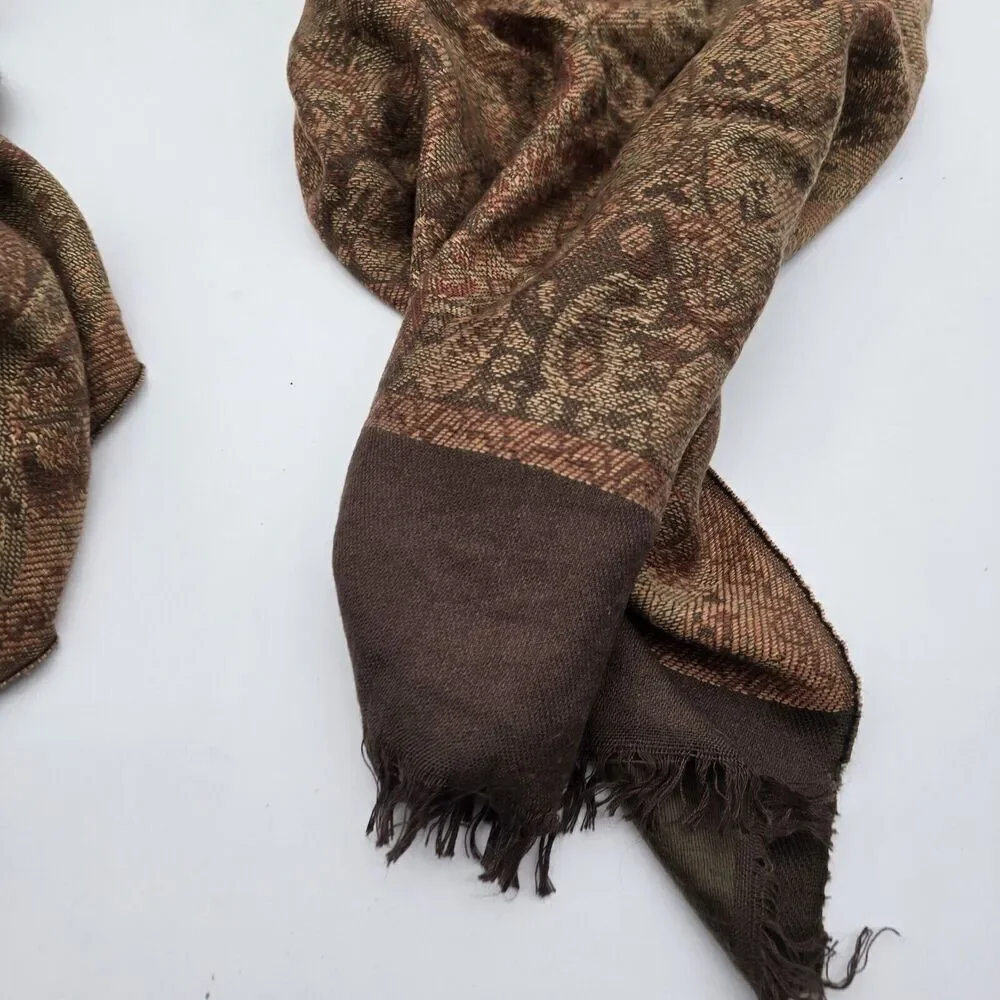 Pashmina Scarf Brown Silk Fringe Rectangle Wrap Boho Paisley 27X69